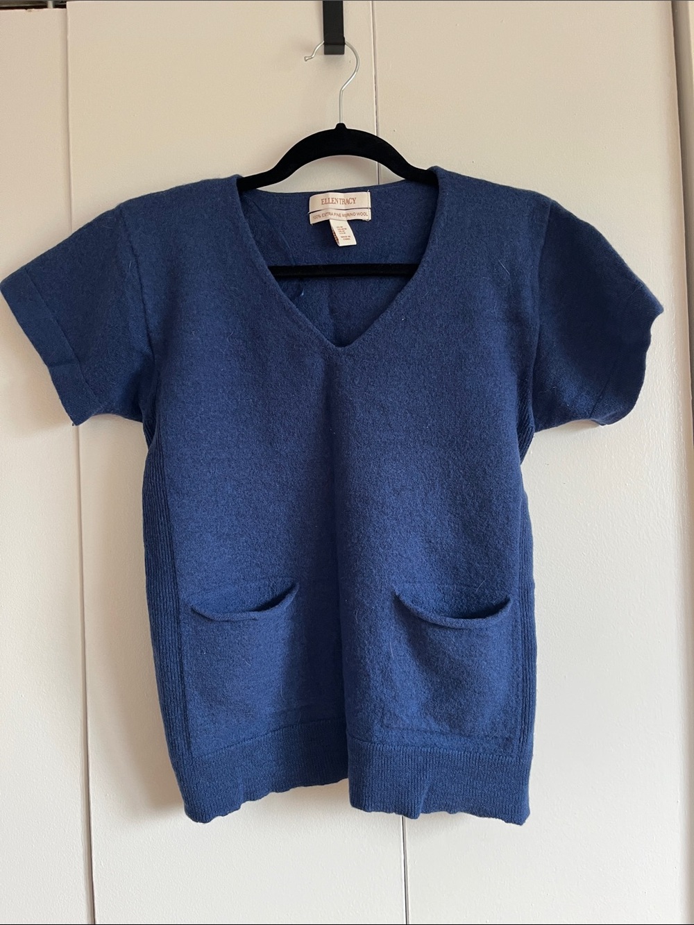 Ellen Tracy blue merino wool short sleeve sweater - FITS SMALL